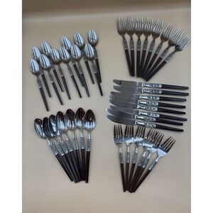 Vintage Interprur Stainless Steel INR2 40 Piece Flatware Brown Handle Japan MCM